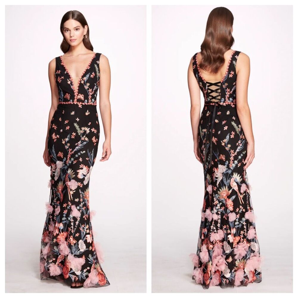 Marchesa Notte Butterfly Murmuring Apliqué Gown Deep V-Neck Embroidered Tulle Go